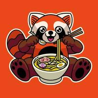 rouge Panda mignonne personnage en mangeant le ramen nouille vecteur