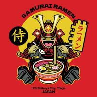 samouraï personnage mignonne en mangeant ramen nouille et Japonais mot veux dire ramen et samouraï vecteur