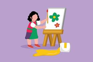 personnage plat dessin jolie peu fille dessiner sur toile. content enfant La peinture sur chevalet. souriant jolie des gamins avec brosse et des peintures. Créatif les enfants apprendre peinture. dessin animé conception vecteur illustration