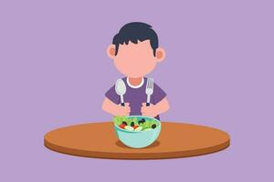 graphique plat conception dessin content peu garçon en mangeant Frais légume salade et montrant pouce en haut signe. mignonne enfant en mangeant Frais délicieux salade. en bonne santé nourriture pour enfants. dessin animé style vecteur illustration