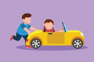 personnage plat dessin peu garçon pousser le sien ami voiture sur route. garçon et fille jouer avec jouet voiture ensemble à amusement parc. des gamins ayant amusement avec électrique jouets auto. dessin animé conception vecteur illustration