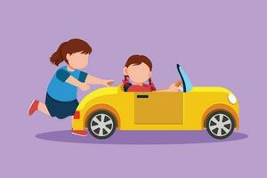 personnage plat dessin mignonne peu fille pousser sa amis voiture sur route. des gamins jouer avec gros jouet voiture ensemble. enfant de mêmes parents ayant amusement avec électrique jouet voiture à cour. dessin animé conception vecteur illustration