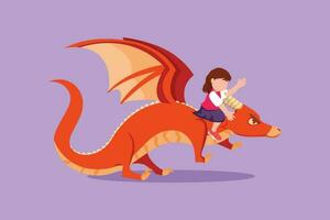 graphique plat conception dessin jolie peu fille en volant avec fantaisie dragon. bravoure enfant mouche et séance sur retour dragon à le ciel. adorable des gamins imaginaire conte de fées. dessin animé style vecteur illustration