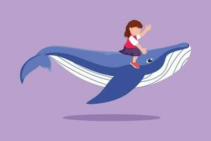 graphique plat conception dessin jolie peu fille équitation bleu baleine. enfant séance sur retour de baleine. de bonne humeur enfant sur retour de grand bleu baleine. bravoure les enfants métaphore. dessin animé style vecteur illustration