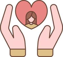 dessin animé fille cœur en portant main marron et rose icône. vecteur