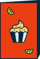 petit gâteau avec fruit tranches salutation carte bleu et Orange icône. vecteur