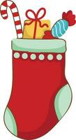 plat Père Noël chaussette plein de bonbons canne avec cadeau boîte, caramel au beurre dans coloré. vecteur