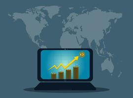 Symbole de concept d'ordinateur portable d'affaires sur écran icône or bitcoin pour le graphique de croissance sur fond de carte monde vecteur