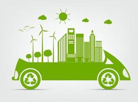 L'écologie et l'environnement symbole de voiture concept de paysage urbain avec des feuilles vertes autour des villes aident le monde avec des idées respectueuses de l'environnement vecteur