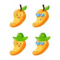 mignon personnage de dessin animé de mangue d'été avec chapeau et lunettes de soleil dans un style plat dessiné à la main vecteur