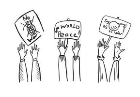 mains en portant affiches contre guerre. dire non à guerre. paix à le monde.vecteur illustration.doodle style. vecteur