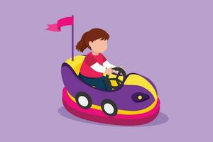 graphique plat conception dessin de jolie peu fille équitation dans bosse voiture à Extérieur Cour de récréation. content des gamins conduite auto tamponneuse. les enfants équitation bosse voitures dans amusement parc. dessin animé style vecteur illustration