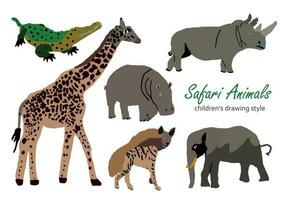 vecteur illustration de mignonne sauvage safari africain animaux. comprenant girafe, éléphant, hyène, crocodile, hippopotame, rhinocéros marrant dessin animé griffonnage personnages dans scandinave style. des gamins