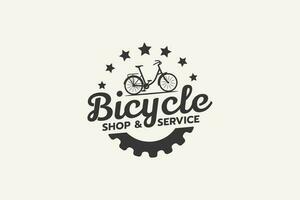 vélo magasin et un service logo avec une combinaison de vélo, équipement et ancien style. vecteur