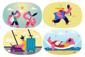 content la personne se détendre sur été vacances sur mer en train de lire livre travail en ligne. souriant gens avoir amusement du repos prendre plaisir vacances. dans aéroport prêt pour voyage. Voyage concept. plat vecteur illustration. ensemble.