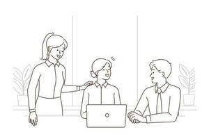 content hommes d'affaires travail ensemble dans Bureau idée de génie à portable. souriant des employés collaborer à ordinateur à lieu de travail. travail en équipe. vecteur illustration.