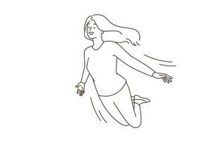 souriant Jeune femme en volant dans ciel parmi des nuages. content fille rêver ou visualisation. rêveur dans l'imagination et fantasmes. vecteur illustration.