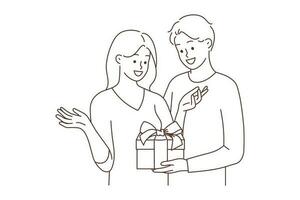 aimant Jeune homme donner présent à excité femme féliciter avec anniversaire anniversaire. soins Masculin salutation fille avec cadeau boîte. vecteur illustration.