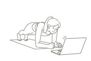 tonique Jeune femme permanent dans planche formation en ligne avec ordinateur leçon. sportif fille faire des sports exercice à Accueil avec webcam classe sur portable. vecteur illustration.