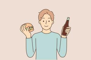 homme avec Hamburger et un soda des offres vite nourriture casse-croûte ou rue restaurant avec délicieux sandwichs. content gars en portant Hamburger avec du boeuf côtelettes commandé pour livraison dans américain cuisine café vecteur