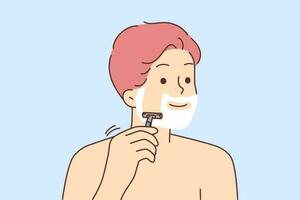 souriant Jeune homme rasage avec le rasoir dans salle de bains ou douche. content Masculin faire du quotidien beauté soin de la peau procédures. bien-être et faciale traitement. vecteur illustration.