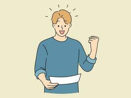 fou de joie Jeune homme Regardez à papier faire Oui main geste excité avec bien résultat. souriant gars triomphe avec message dans formalités administratives ou document. vecteur illustration.