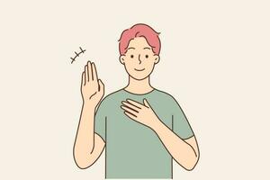 souriant Jeune homme parlant en utilisant signe langue. content gars communiquer avec main gestes. alternative communication. vecteur illustration.