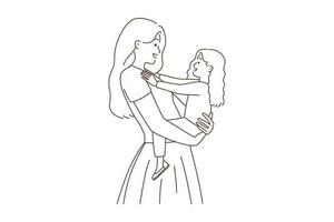 content Jeune mère en portant souriant peu fille dans mains. aimant maman étreindre petit fille enfant spectacle l'amour et se soucier. maternité. vecteur illustration.