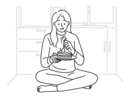 content femme asseoir sur cuisine sol près frigo en mangeant Chocolat gâteau. souriant fille prendre plaisir savoureux dessert à maison. régime et coupable plaisir. vecteur illustration.