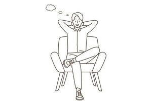 souriant Jeune homme asseoir sur chaise pensée. content Masculin se détendre dans fauteuil avec discours bulles au dessus diriger. idée de génie et relaxation. vecteur illustration.