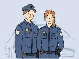 couple de police des employés dans uniforme permanent près auto. officiers travail comme patrouille sur rue. Occupation concept. vecteur illustration.