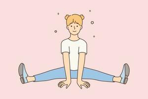 content peu fille enfant asseoir dans jambes écartées. souriant enfant donc gymnastique suivre en bonne santé sportif mode de vie. les enfants et physique activité. vecteur illustration.