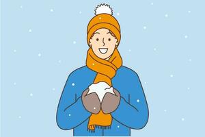 souriant Jeune homme dans vêtements d'extérieur avec boule de neige dans mains prendre plaisir hiver vacances. content gars dans neige avoir amusement sur les vacances. vecteur illustration.