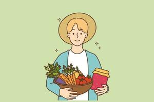 souriant Masculin agriculteur avec des fruits et des légumes dans mains. content homme jardinier avec cultures excité avec bien récolte. biologique des produits. vecteur illustration.