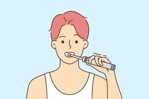 Jeune homme brosse les dents avec électrique brosse à dents. gars faire du quotidien Matin oral se soucier routine. dentisterie et soins de santé. vecteur illustration.