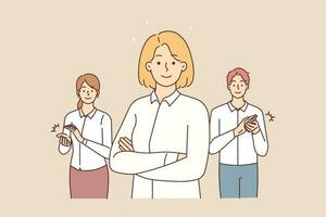 souriant des employés applaudir sur de soi femme d'affaires salutation avec travail Succès ou promotion. content collègues féliciter femelle ouvrier taper mains. vecteur illustration.