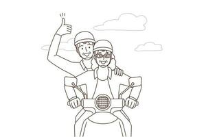 content personnes âgées couple conduite sur moto. souriant énergique mature homme et femme avoir amusement prendre plaisir moto balade en plein air. vecteur illustration.