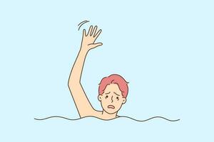 stressé homme noyade dans l'eau monter main demander pour aider. malheureux effrayé Masculin mendier pour porter secours avoir urgence dans mer. vecteur illustration.