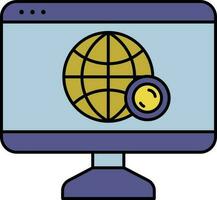 globe avec pièce de monnaie symbole dans moniteur écran Jaune et bleu icône. vecteur