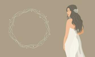 abstrait magnifique femme dans une délicat mariage robe des stands avec sa dos. rond Cadre pour texte de branches. mariage salon concept. vecteur Facile illustration