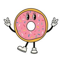sensationnel Donut personnage avec rose glaçage et coloré arrose. mignonne rétro mascotte. dessin animé isolé vecteur illustration.