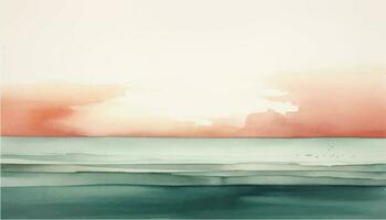 aquarelle le coucher du soleil sur le plage. main tiré illustration pour votre conception et Contexte avec sarcelle vert et Rose pêche couleurs. vecteur