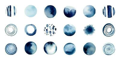 ensemble de abstrait aquarelle cercles et éclaboussures. vecteur illustration. bleu et blanc couleurs.
