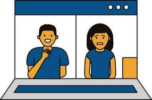 Jeune homme et femme en ligne vidéo bavarder de portable icône dans Jaune et bleu couleur. vecteur