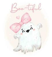 mignonne kawaii rose fantôme halloween avec gros arc beauté content sourire dessin animé personnage butin aquarelle main peint vecteur salutation carte