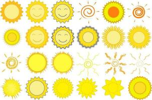 Jaune Soleil icône ensemble, ensoleillement et solaire briller, lever du soleil ou le coucher du soleil. décoratif cercle plein et moitié Soleil et lumière du soleil. été thème, vecteur signe