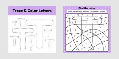 Lettre de livre de coloriage pour les enfants feuille de calcul pour la maternelle et l'âge scolaire trace line écriture et couleur t vecteur