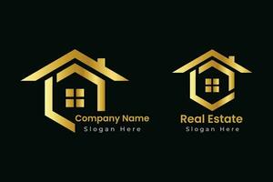 réel biens entreprise logo et maison logo conception avec d'or couleur. vecteur