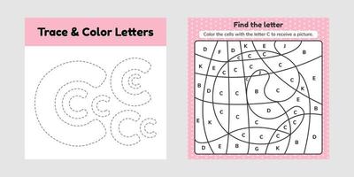 Lettre de livre de coloriage pour les enfants feuille de calcul pour la maternelle et l'âge scolaire trace line écriture et couleur c vecteur