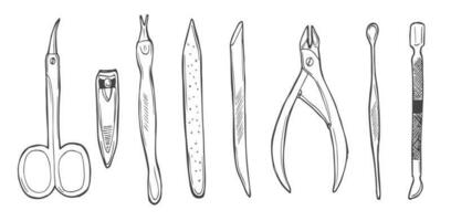 beauté et se soucier manucure et pédicure outils et des produits ensemble. main dessin griffonnage esquisser illustration vecteur. ciseaux, cuticule pince, clou des dossiers, clou polonais, clou tondeuses, vernis, pousseurs vecteur